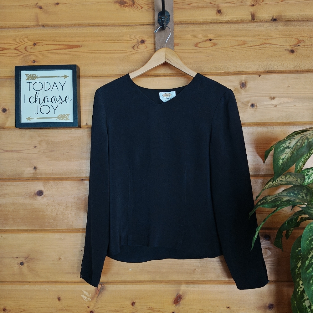 Talbots Black 100% Silk VNeck Top Long Sleeve Vintage Old Money Blouse Size 10
